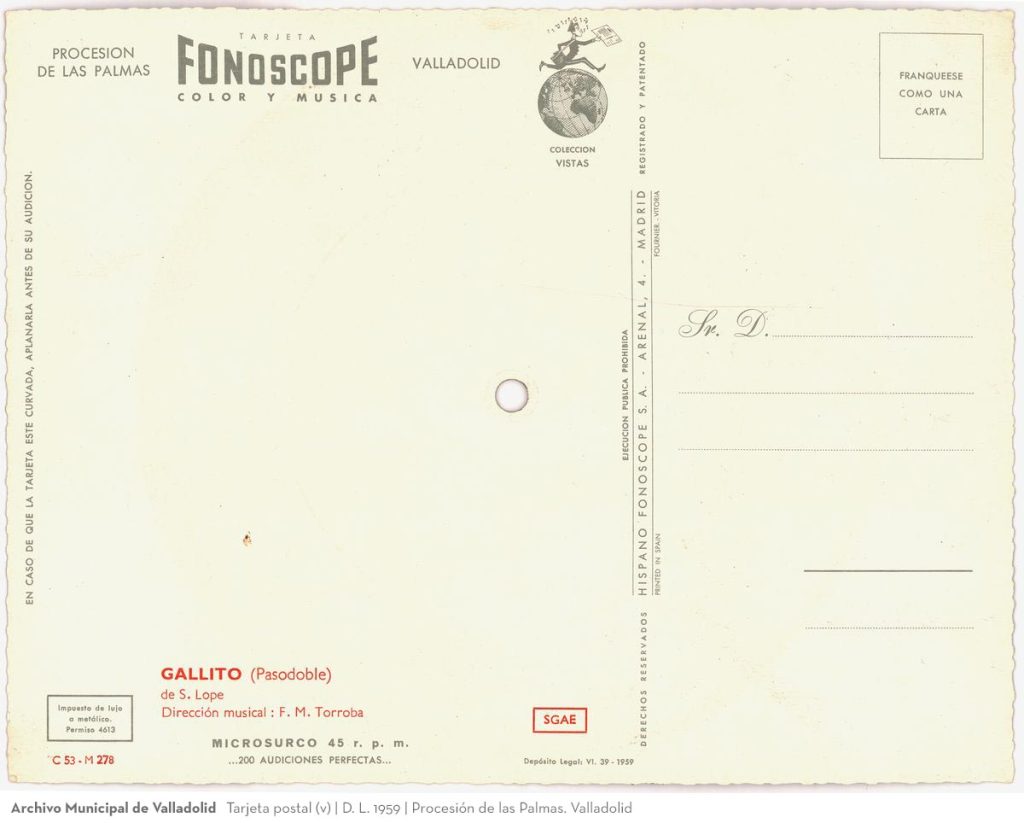 Tarjeta postal con microsurco. D. L. 1959. Procesión de las Palmas. Valladolid (v)