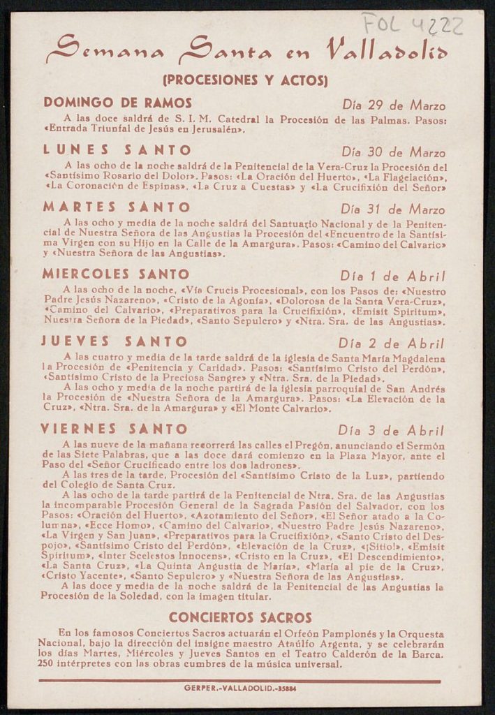 Programa. [1953]. Semana Santa en Valladolid: procesiones, actos y conciertos sacros