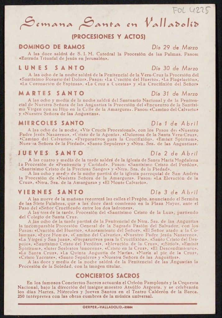 Programa. [1953]. Semana Santa en Valladolid: Procesiones, actos y conciertos sacros