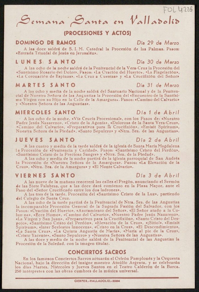 Programa. [1953]. Semana Santa en Valladolid: Procesiones, actos y conciertos sacros