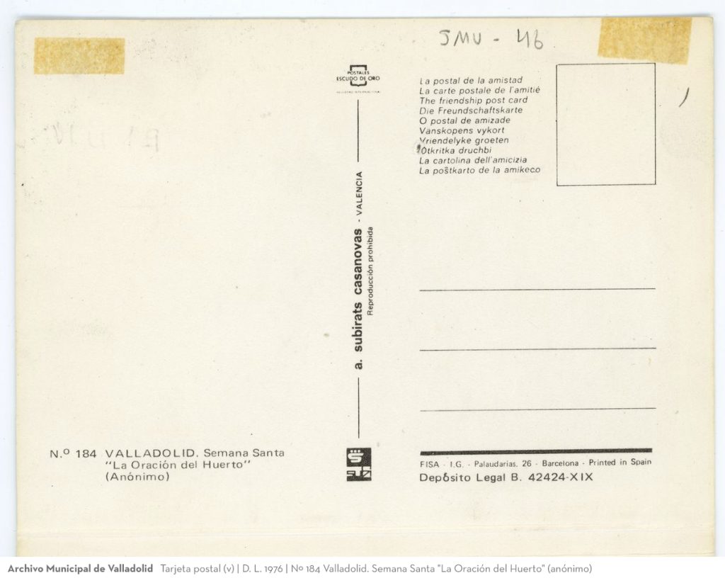 Tarjeta postal. D. L. 1976. Nº 184 Valladolid. Semana Santa "La Oración del Huerto" (anónimo) (v)