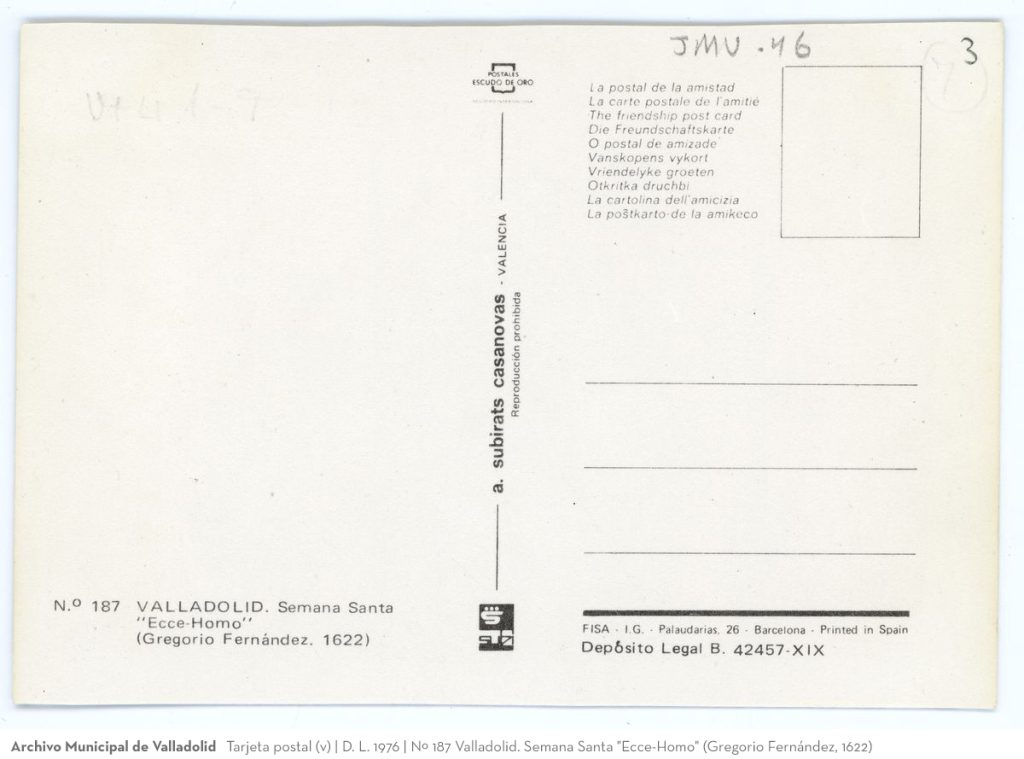 Tarjeta postal. D. L. 1976. Nº 187 Valladolid. Semana Santa "Ecce-Homo" (Gregorio Fernández, 1622)(v)