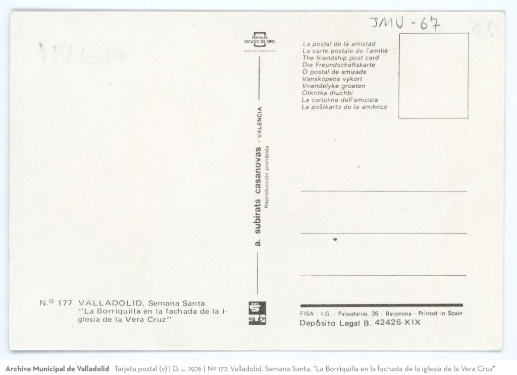 Tarjeta postal. D. L. 1976. Nº 177. Valladolid. Semana Santa. "La Borriquilla en la fachada de la iglesia de la Vera Cruz"(v)