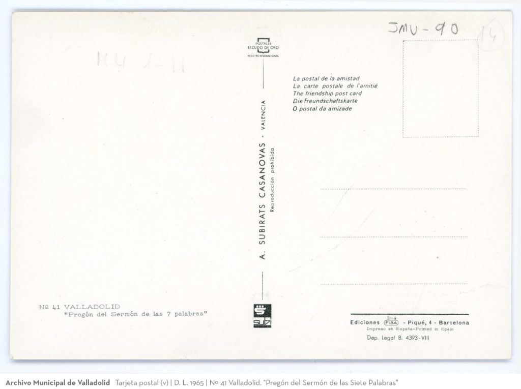 Tarjeta postal. D. L. 1965. Nº 41 Valladolid. "Pregón del Sermón de las Siete Palabras" (v)