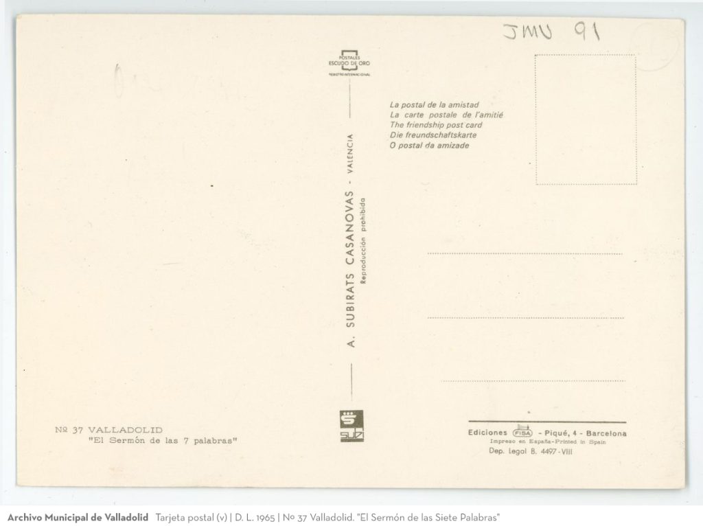 Tarjeta postal. D. L. 1965. Nº 37 Valladolid. "El Sermón de las Siete Palabras" (v)