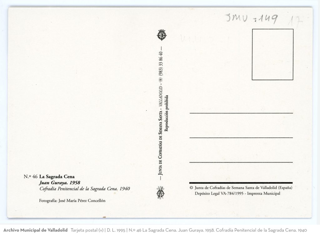 Tarjeta postal. D. L. 1995. N.º 46 La Sagrada Cena. Juan Guraya. 1958. Cofradía Penitencial de la Sagrada Cena. 1940 (v)