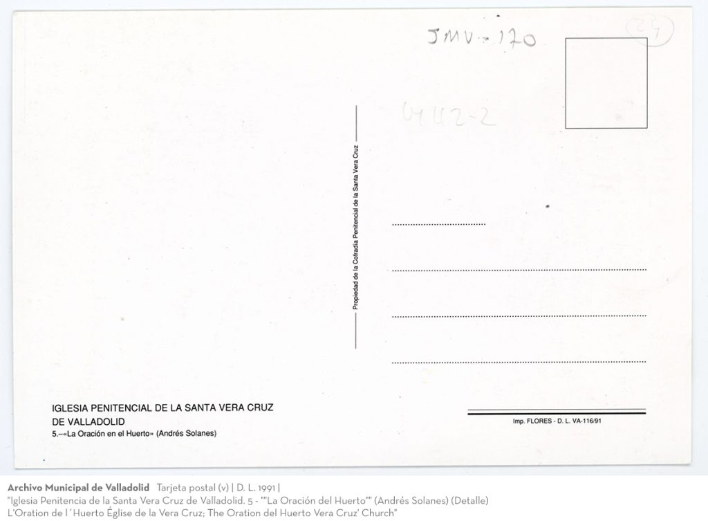 Tarjeta postal D. L. 1991 Iglesia Penitencia de la Santa Vera Cruz de Valladolid. 5 - "La Oración del Huerto" (Andrés Solanes) (Detalle)(v)