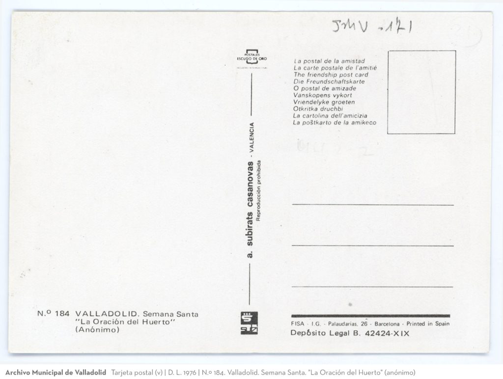 Tarjeta postal. D. L. 1976. N.º 184. Valladolid. Semana Santa. "La Oración del Huerto" (anónimo)(v)
