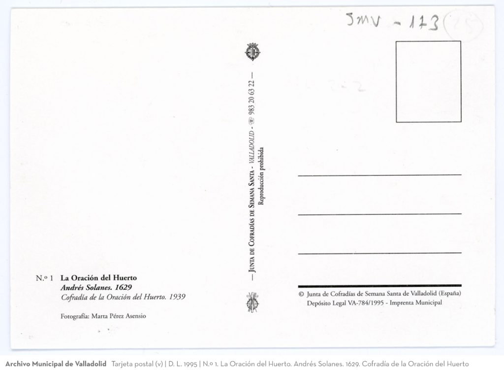 Tarjeta postal. D. L. 1995. N.º 1. La Oración del Huerto. Andrés Solanes. 1629. Cofradía de la Oración del Huerto (v)