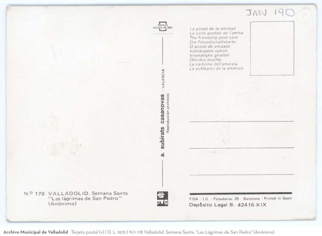 Tarjeta postal. D. L. 1976. N.º 178 Valladolid. Semana Santa. "Las Lágrimas de San Pedro" (Anónimo)(v)