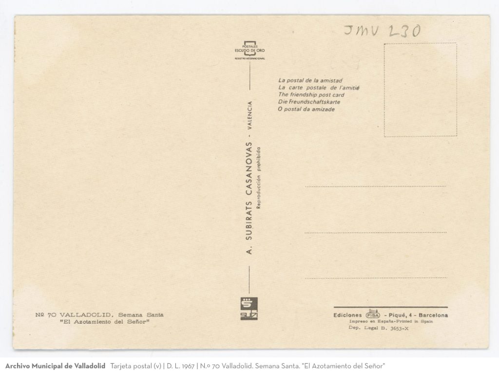 Tarjeta postal. D. L. 1967. N.º 70 Valladolid. Semana Santa. "El Azotamiento del Señor" (v)