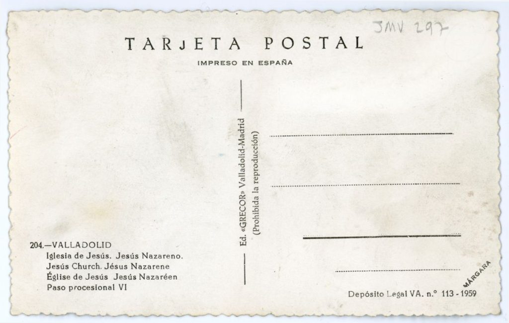 Tarjeta postal. D. L. 1959. 204. - Valladolid. Iglesia de Jesús. Jesús Nazareno. Paso procesional VI (r)