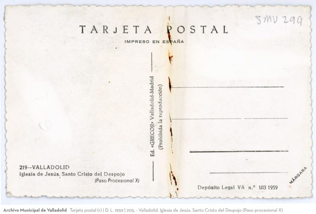 Tarjeta postal. D. L. 1959 205. - Valladolid. Iglesia de Jesús. Santo Cristo del Despojo (Paso procesional X)(v)