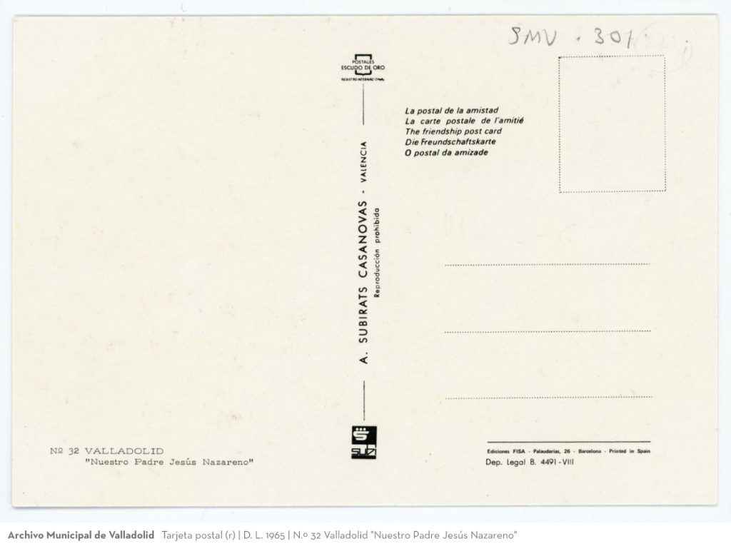Tarjeta postal. D. L. 1965. N.º 32 Valladolid "Nuestro Padre Jesús Nazareno" (v)