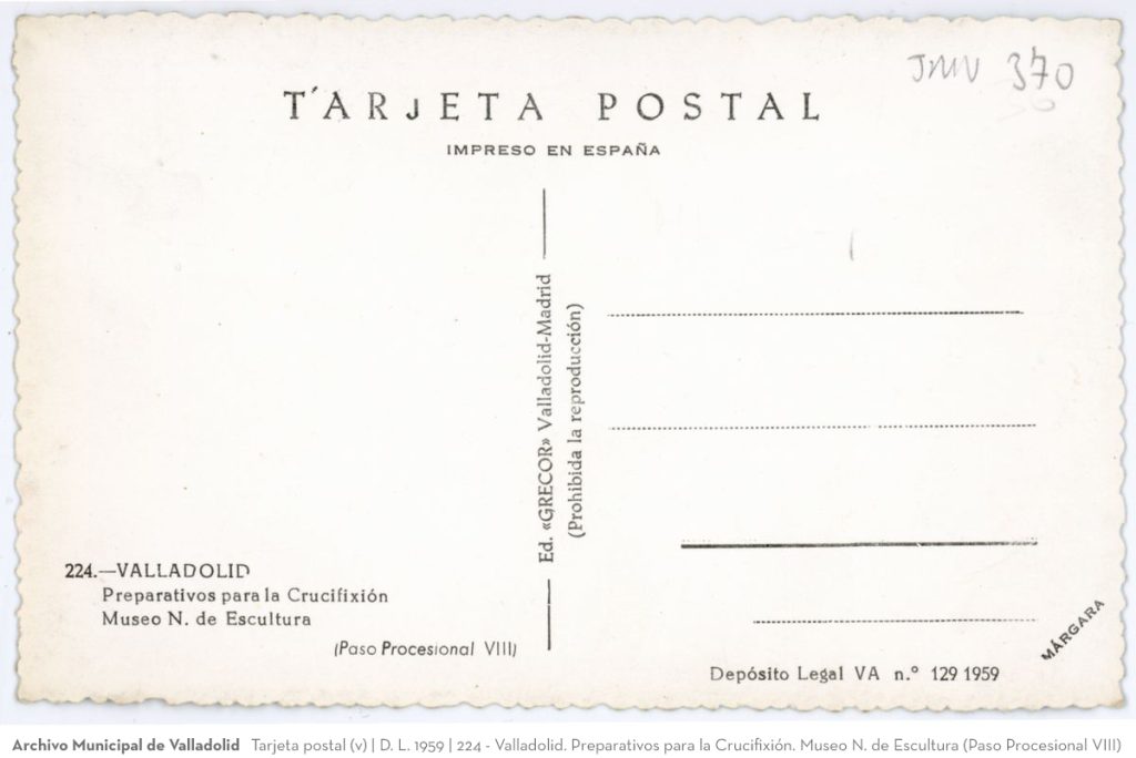 Tarjeta postal. D. L. 1959. 224 - Valladolid. Preparativos para la Crucifixión. Museo N. de Escultura (Paso Procesional VIII)(v)