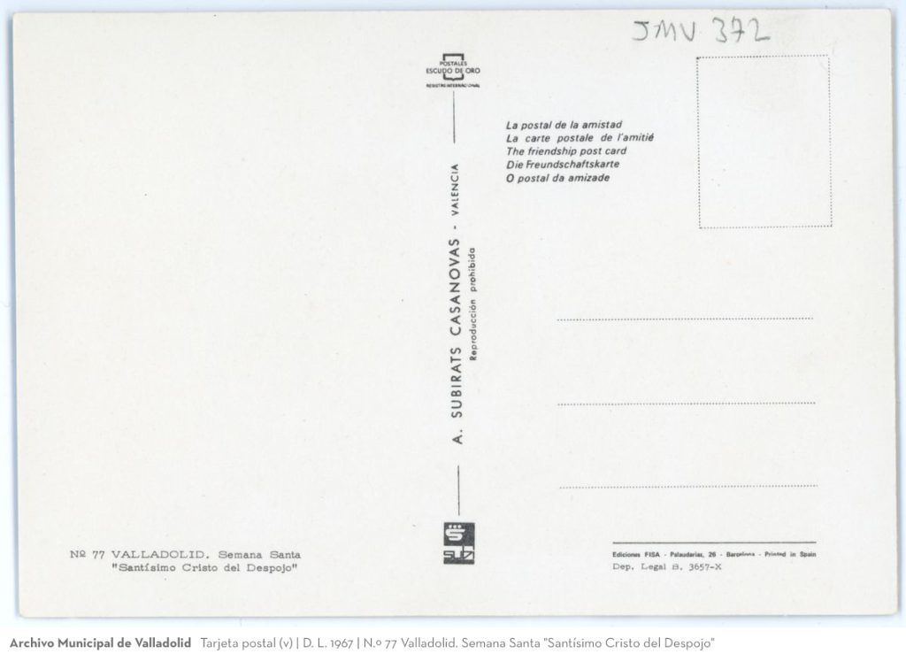 Tarjeta postal. D. L. 1967. N.º 77 Valladolid. Semana Santa "Santísimo Cristo del Despojo" (v)
