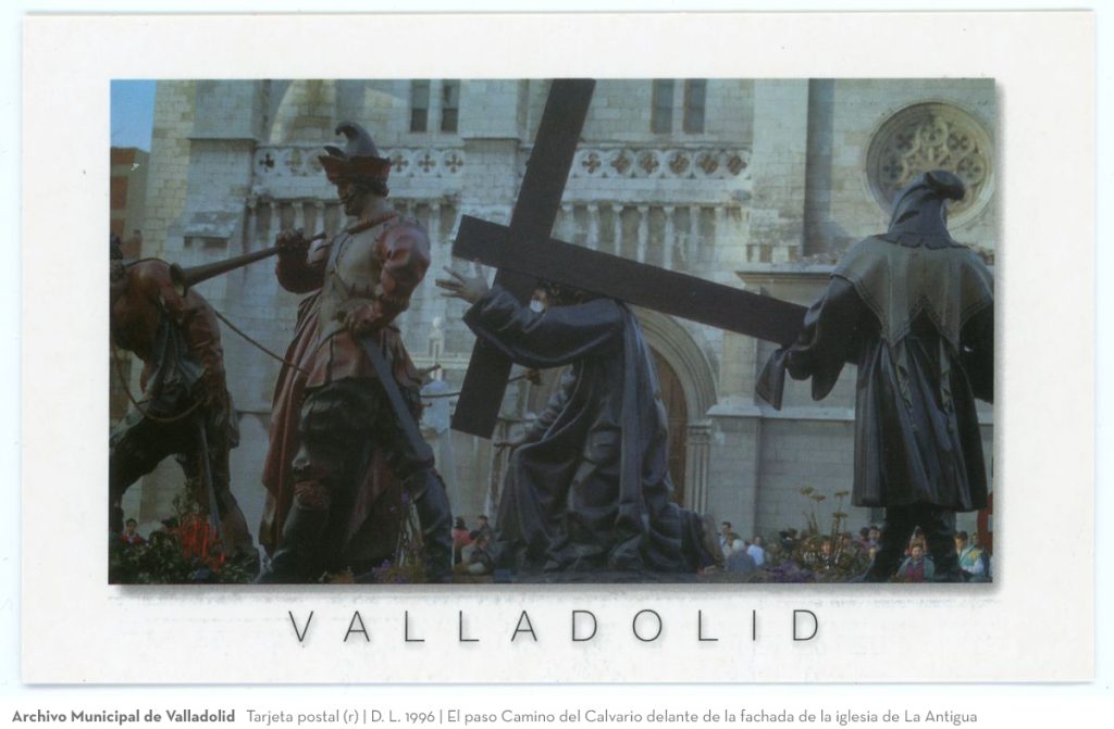 Tarjeta postal. D. L. 1996. El paso Camino del Calvario delante de la fachada de la iglesia de La Antigua (atribuido)(r)