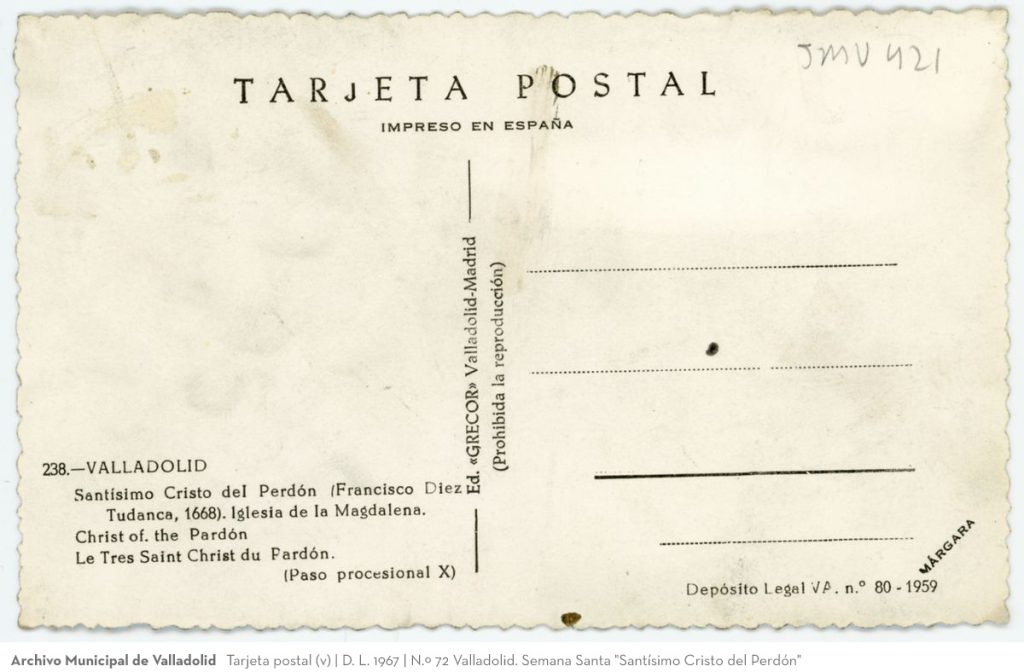 Tarjeta postal. D. L. 1959. 238 - Valladolid. Santísimo Cristo del Perdón. (Francisco Díaz de Tudanca, 1668). Iglesia de la Magdalena. (Paso procesional X)(v)