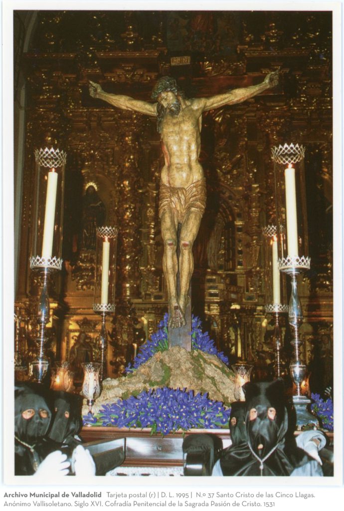 Tarjeta postal. D. L. 1995. N.º 37 Santo Cristo de las Cinco Llagas. Anónimo Vallisoletano. Siglo XVI. Cofradía Penitencial de la Sagrada Pasión de Cristo. 1531 (r)