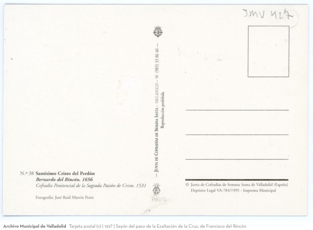 Tarjeta postal. D. L. 1995. N.º 38 Santísimo Cristo del Perdón. Bernardo del Rincón, 1656. Cofradía Penitencial de la Sagrada Pasión de Cristo. 1531 (v)