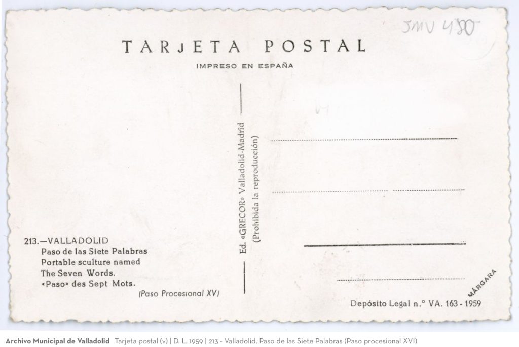 Tarjeta postal. D. L. 1959. 213 - Valladolid. Paso de las Siete Palabras (Paso procesional XVI)(v)