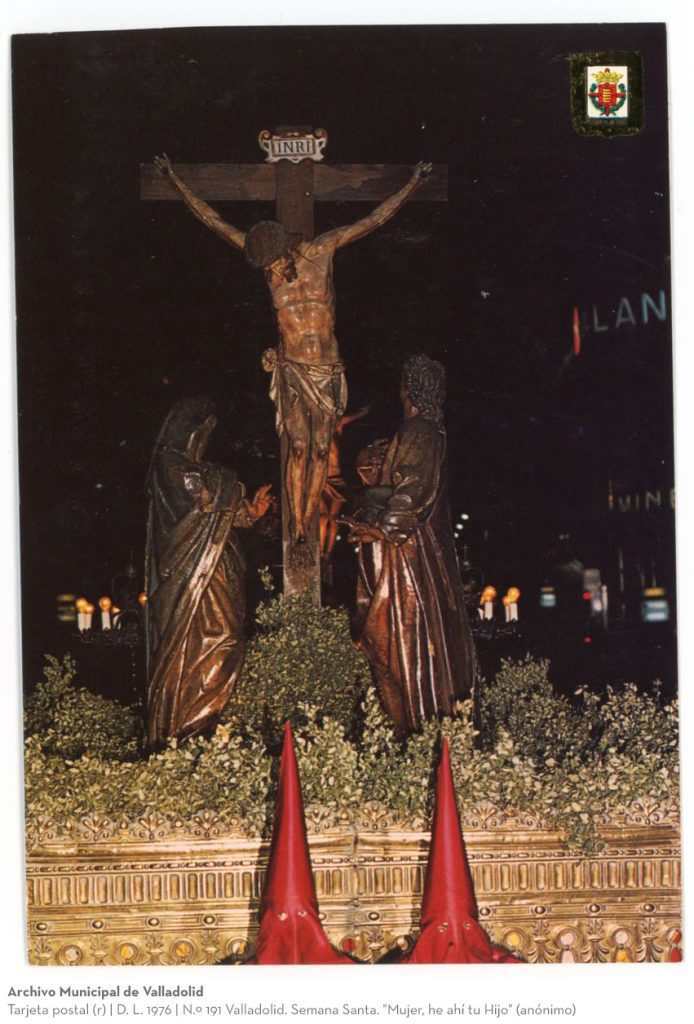Tarjeta postal. D. L. 1976. N.º 191 Valladolid. Semana Santa. "Mujer, he ahí tu Hijo" (anónimo)(r)