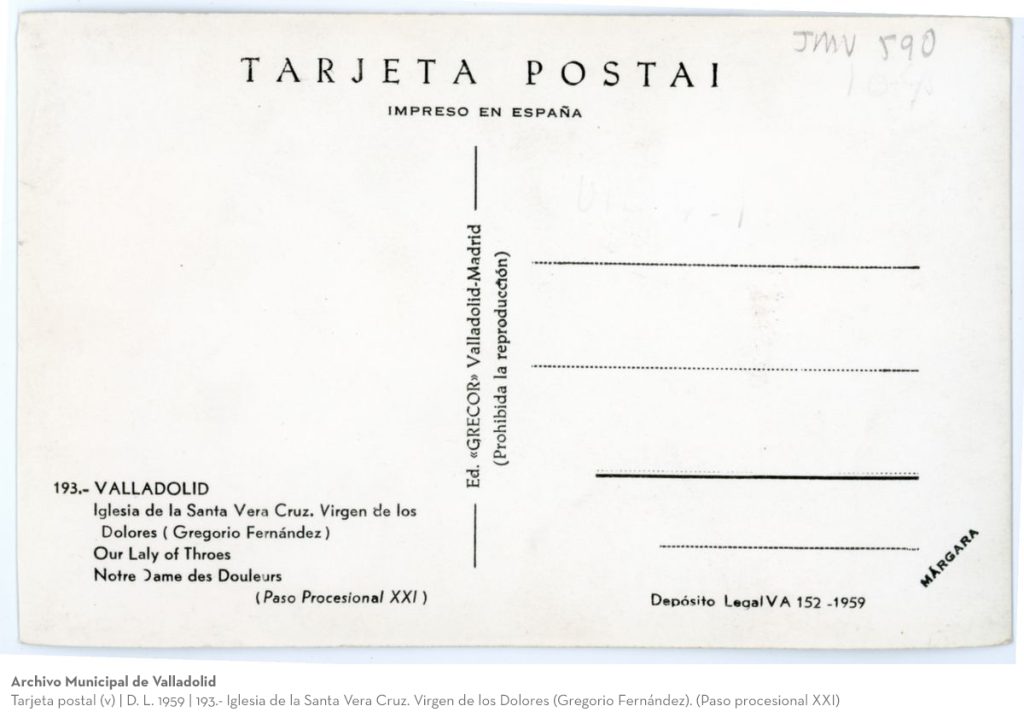 Tarjeta postal. D. L. 1959. 193.- Iglesia de la Santa Vera Cruz. Virgen de los Dolores (Gregorio Fernández). (Paso procesional XXI)(v)
