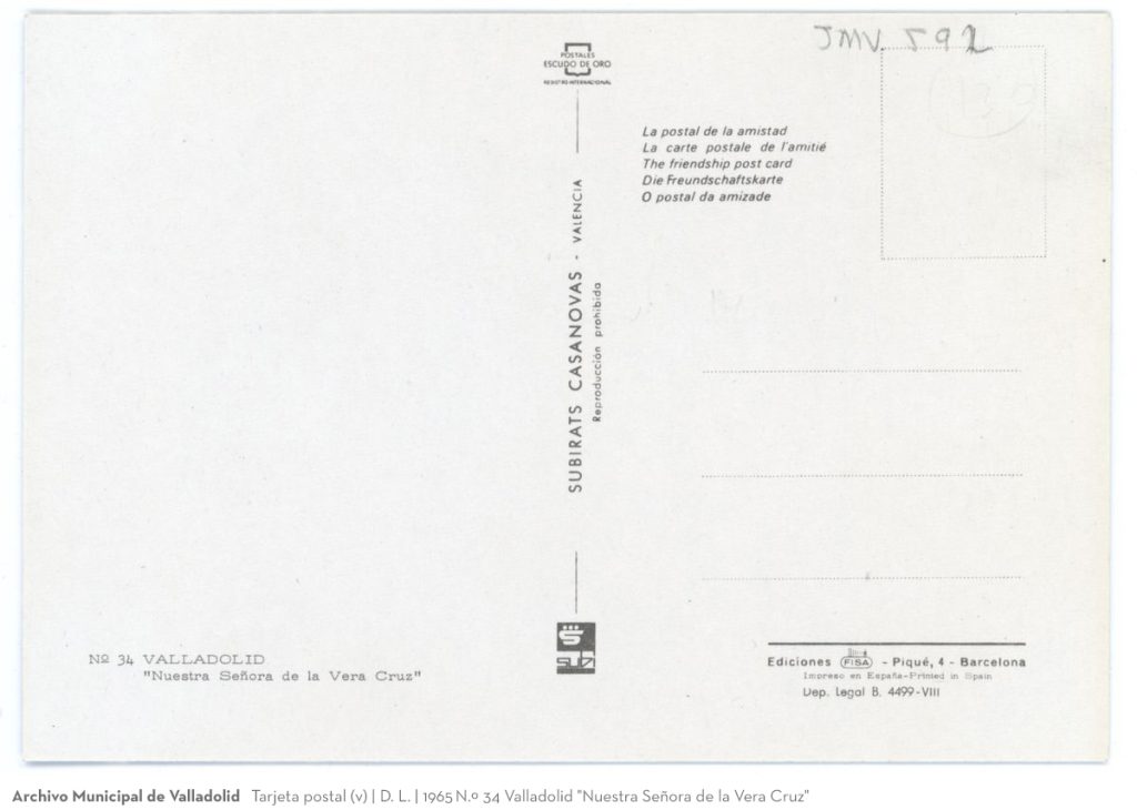 Tarjeta postal. D. L. 1965. N.º 34 Valladolid "Nuestra Señora de la Vera Cruz" (v)