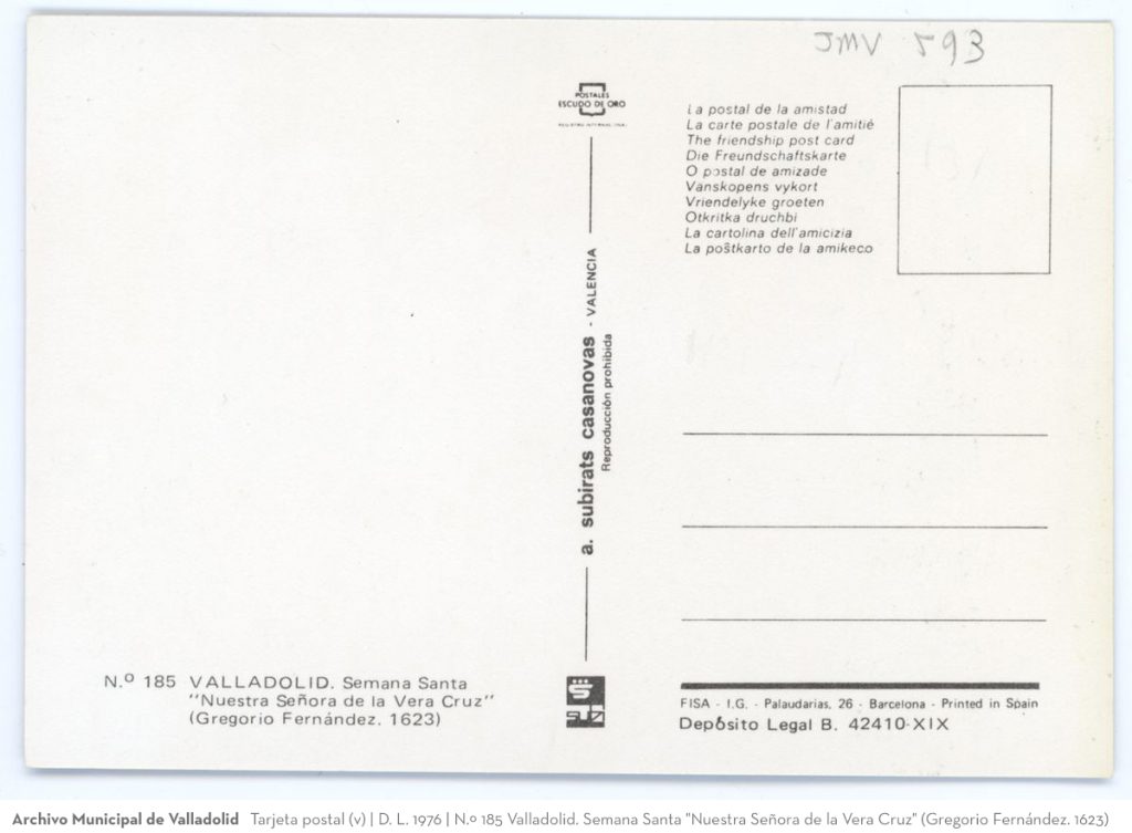 Tarjeta postal. D. L. 1976. N.º 185 Valladolid. Semana Santa "Nuestra Señora de la Vera Cruz" (Gregorio Fernández. 1623)(v)