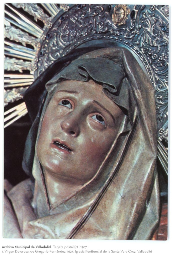 Tarjeta postal. 1987. 1. Virgen Dolorosa, de Gregorio Fernández, 1623. Iglesia Penitencial de la Santa Vera Cruz. Valladolid (r)