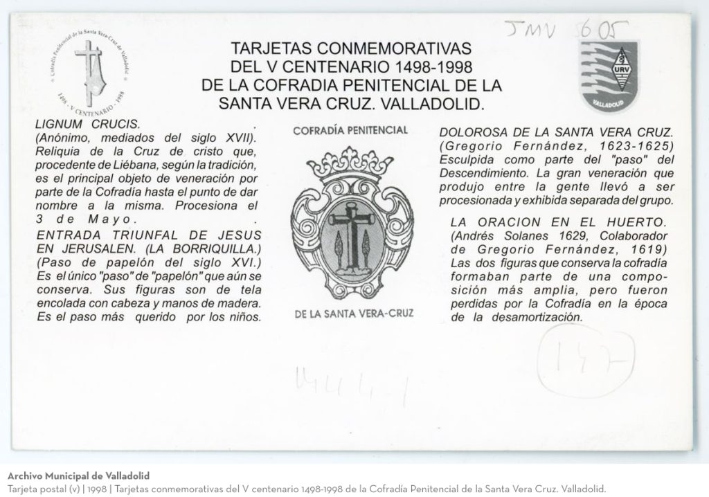 Tarjeta postal. 1998. Tarjetas conmemorativas del V centenario 1498-1998 de la Cofradía Penitencial de la Santa Vera Cruz. Valladolid (v)