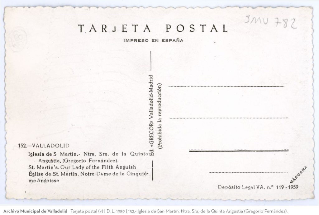 Tarjeta postal. D. L. 1959. 152. Iglesia de San Martín. Ntra. Sra. de la Quinta Angustia (Gregorio Fernández)(v)