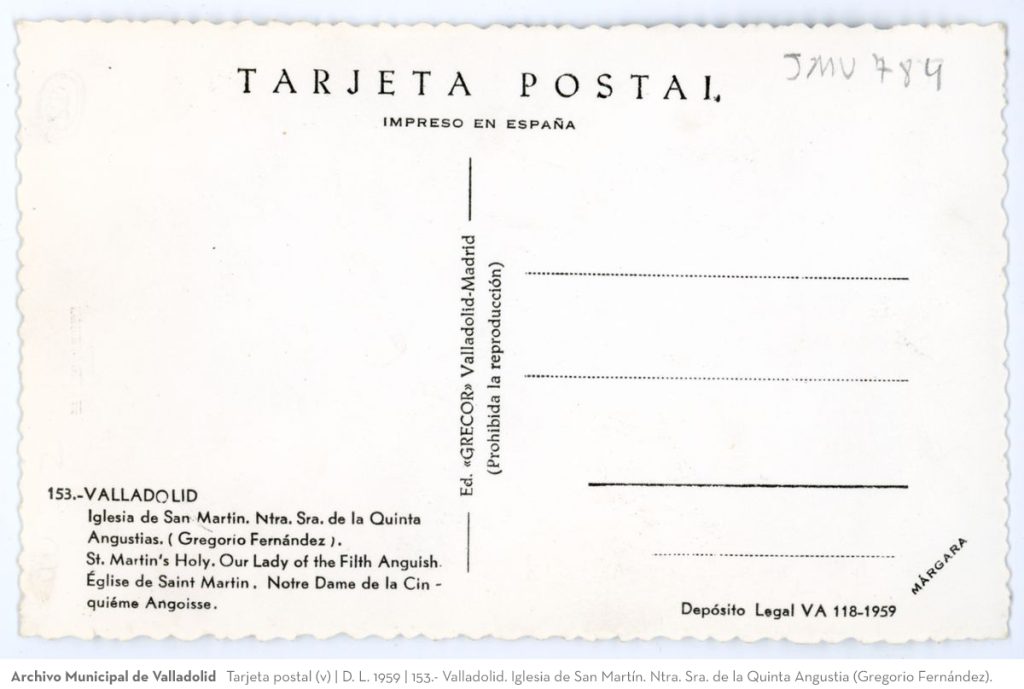 Tarjeta postal. D. L. 1959. 153. Valladolid. Iglesia de San Martín. Ntra. Sra. de la Quinta Angustia (Gregorio Fernández)(v)