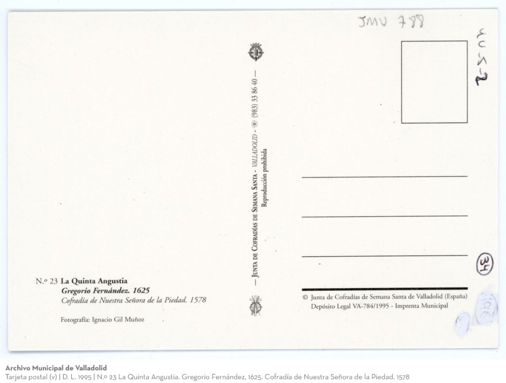 Tarjeta postal. D. L. 1995. N.º 23 La Quinta Angustia. Gregorio Fernández, 1625. Cofradía de Nuestra Señora de la Piedad. 1578 (v)