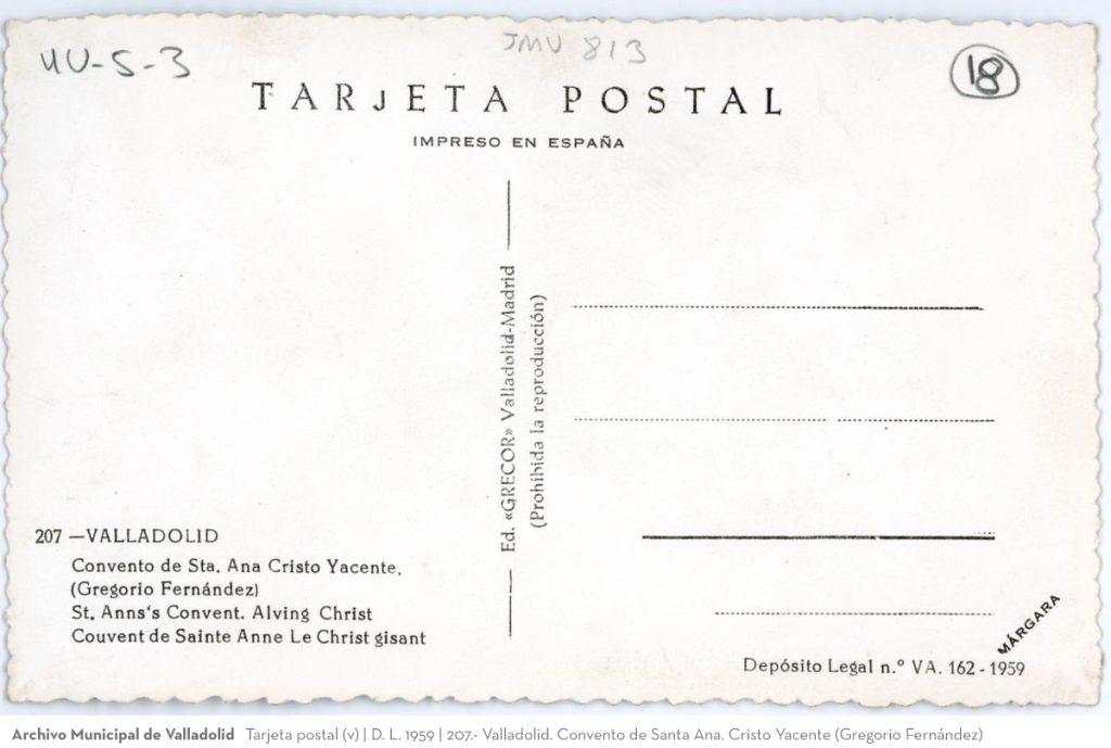 Tarjeta postal. D. L. 1959. 207. Valladolid. Convento de Santa Ana. Cristo Yacente (Gregorio Fernández)(v)