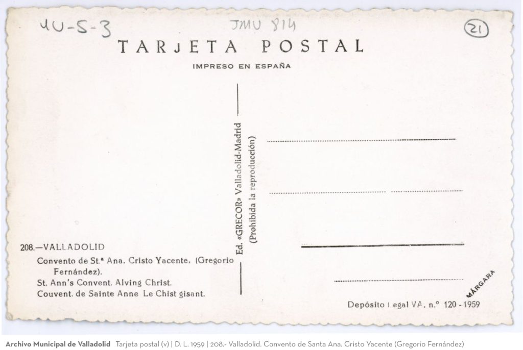 Tarjeta postal. D. L. 1959. 208. Valladolid. Convento de Santa Ana. Cristo Yacente (Gregorio Fernández)(v)
