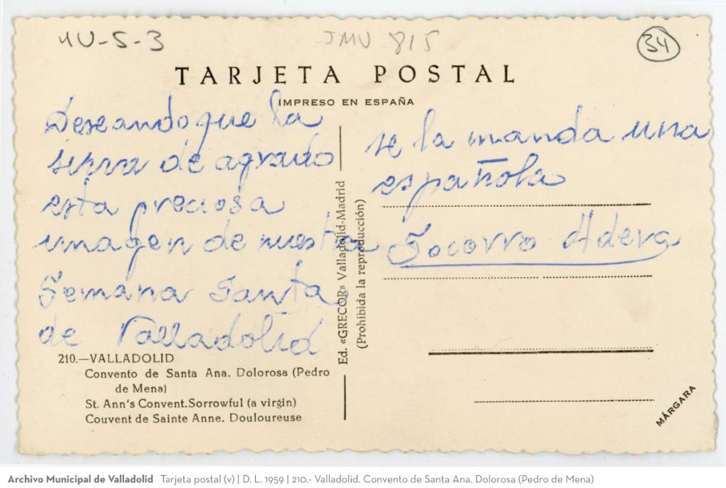 Tarjeta postal. D. L. 1959. 210. Valladolid. Convento de Santa Ana. Dolorosa (Pedro de Mena)(v)