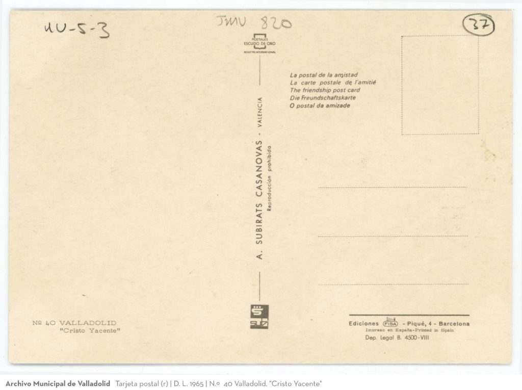 Tarjeta postal. D. L. 1965. N.º 40 Valladolid. "Cristo Yacente" (v)