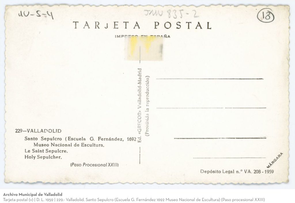 Tarjeta postal. D. L. 1959. 229. Valladolid. Santo Sepulcro (Escuela G. Fernández 1692 Museo Nacional de Escultura) (Paso procesional XXIII)(v)