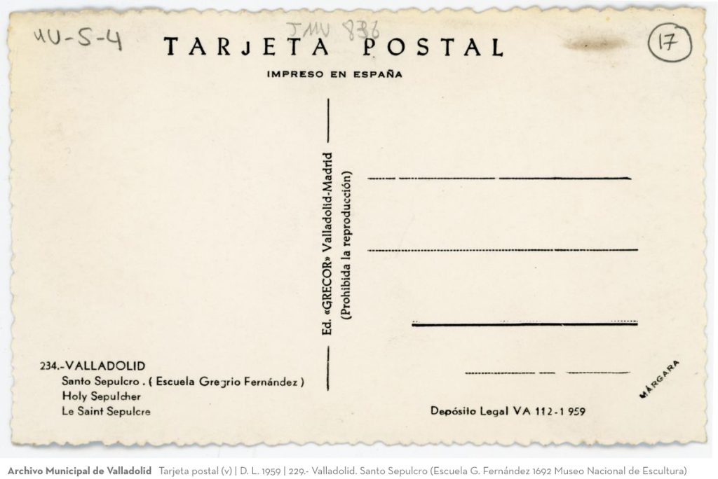 Tarjeta postal. D. L. 1959. 229. Valladolid. Santo Sepulcro (Escuela G. Fernández 1692 Museo Nacional de Escultura)(v)