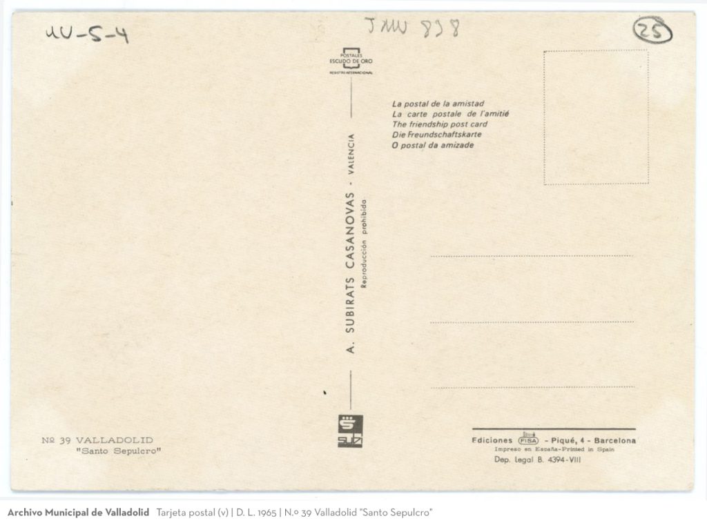 Tarjeta postal. D. L. 1965. N.º 39 Valladolid "Santo Sepulcro" (v)