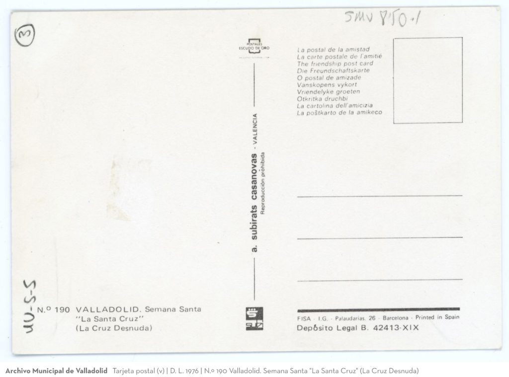 Tarjeta postal. D. L. 1976. N.º 190 Valladolid. Semana Santa "La Santa Cruz" (La Cruz Desnuda)(v)