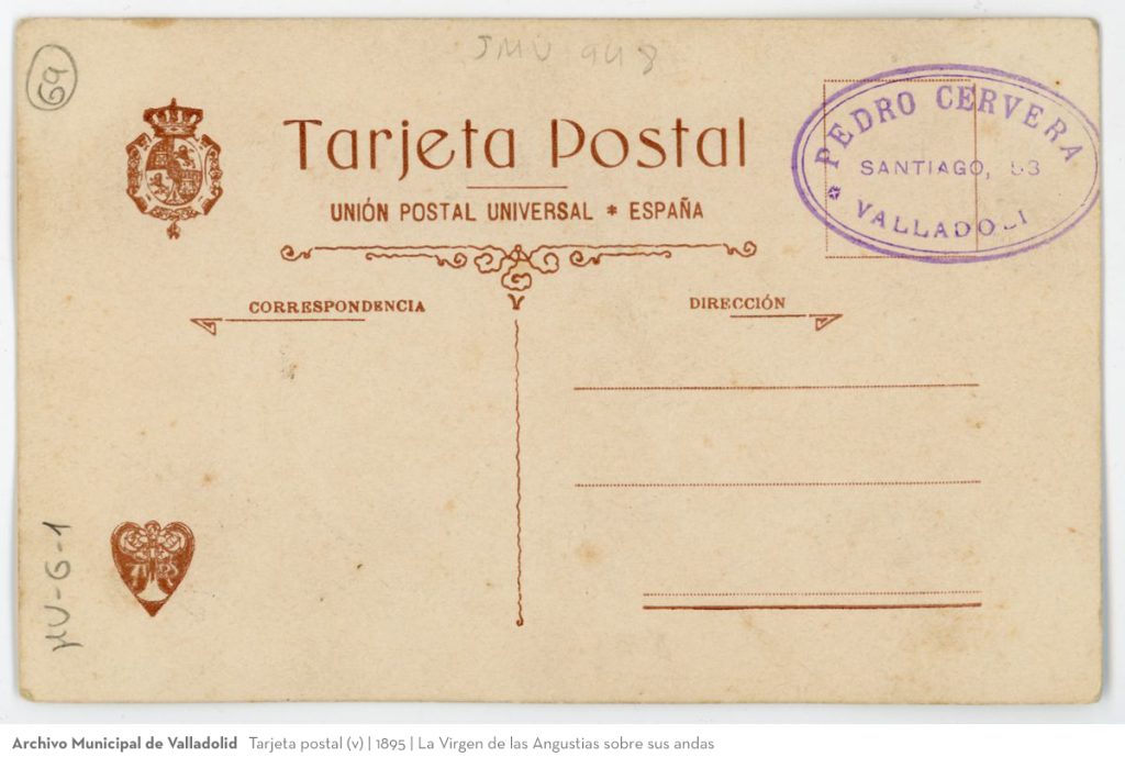 Tarjeta postal. 1895 La Virgen de las Angustias sobre sus andas (v)
