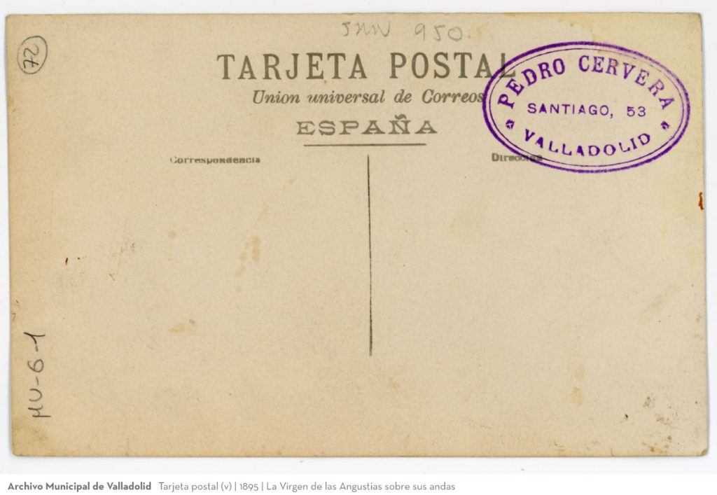 Tarjeta postal. 1895. La Virgen de las Angustias sobre sus andas (v)