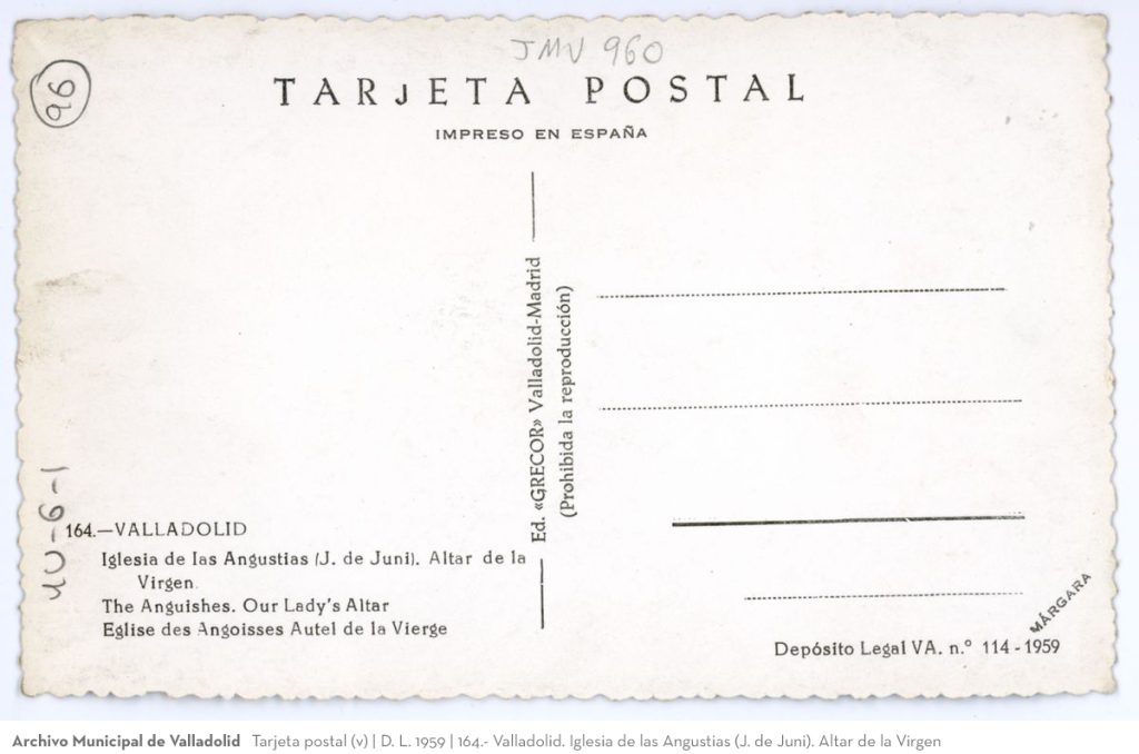 Tarjeta postal. D. L. 1959. 164. Valladolid. Iglesia de las Angustias (J. de Juni). Altar de la Virgen (v)