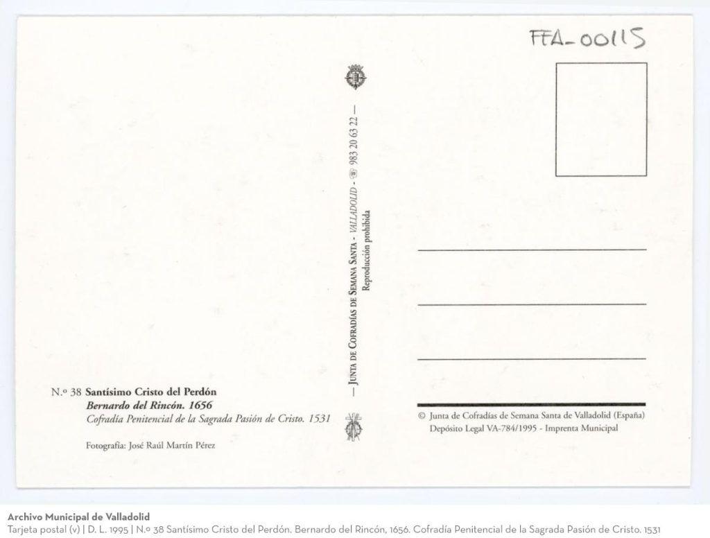 Tarjeta postal. D. L. 1995. N.º 38 Santísimo Cristo del Perdón. Bernardo del Rincón, 1656. Cofradía Penitencial de la Sagrada Pasión de Cristo. 1531 (v)