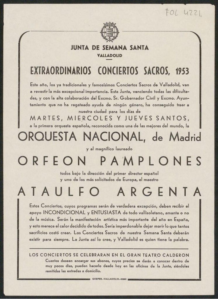 Concierto. 1953. Extraordinarios conciertos sacros. 1953. Gran Teatro Calderón