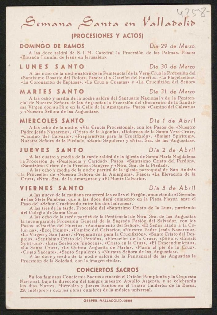 Programa. [1953]. Semana Santa en Valladolid. Procesiones, actos y conciertos sacros (v)