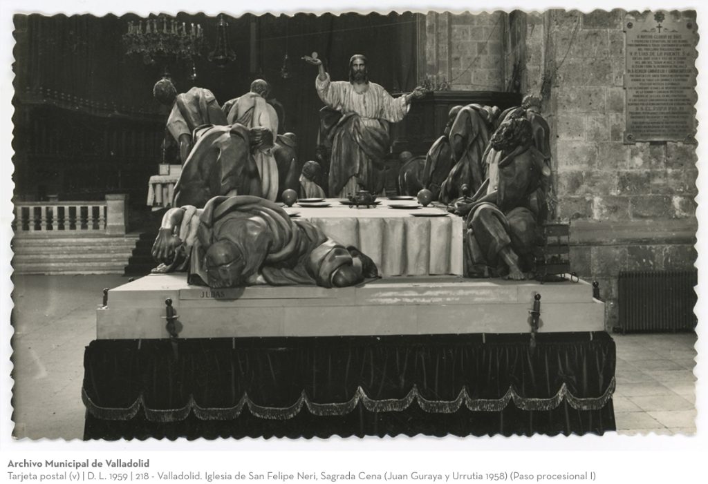 Tarjeta postal. D. L. 1959. 218 - Valladolid. Iglesia de San Felipe Neri, Sagrada Cena (Juan Guraya y Urrutia 1958) (Paso procesional I)(r)