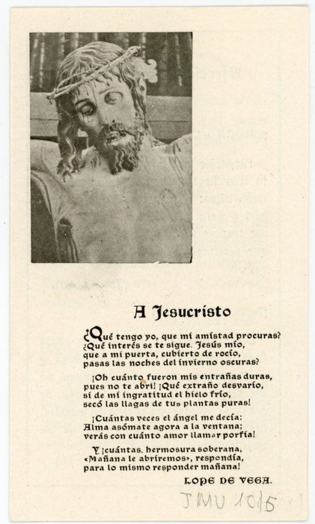 Documento devocional. 1946. Díptico informativo sobre los ejercicios espirituales de la Hermandad de Docentes del Santísimo Cristo de la Luz 001